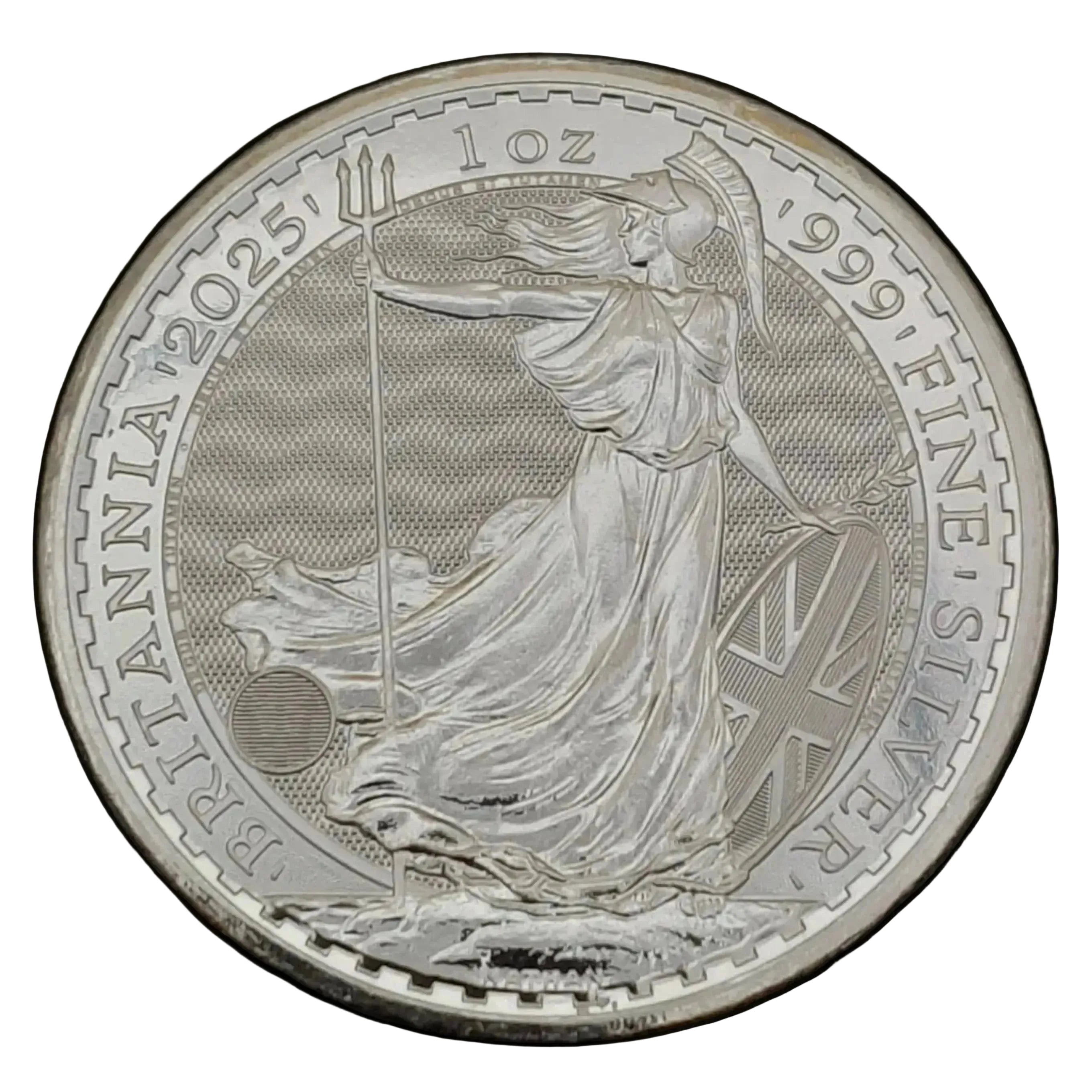 Silver coin with a Britannia design on a blank background