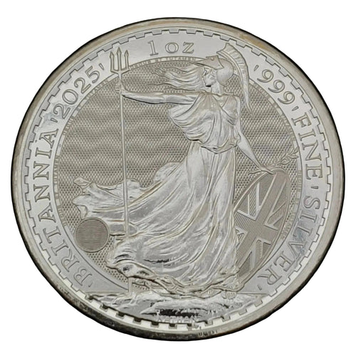 Silver coin with a Britannia design on a blank background