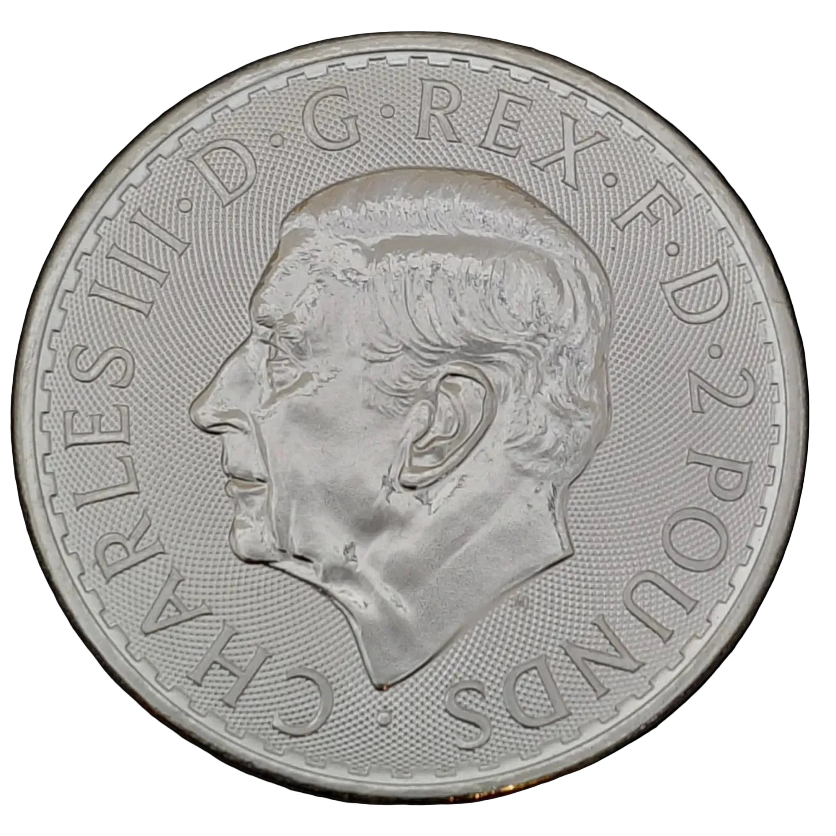 Silver coin with a king charles portrait on a black background