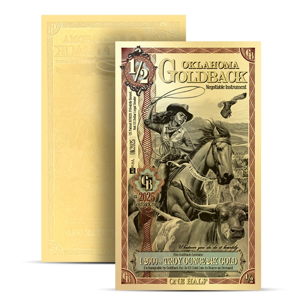 Oklahoma half Goldback gold note packaging with a cowgirl on horseback illustration.